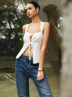 Hot Cotton & Linen Knotted Bow Detail Tank Top Blouses & Shirts|Tank Tops & Camis