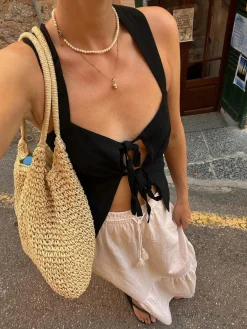 Hot Cotton & Linen Knotted Bow Detail Tank Top Blouses & Shirts|Tank Tops & Camis