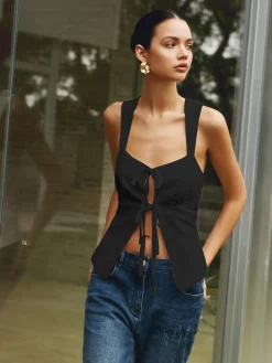 Hot Cotton & Linen Knotted Bow Detail Tank Top Blouses & Shirts|Tank Tops & Camis