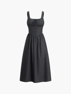 Hot Cotton & Linen Knotted Cami Midi Dress Black Dresses|Casual Dresses
