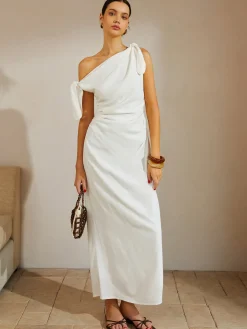 Hot Cotton & Linen Knotted Strap Long Dress White Dresses|Casual Dresses