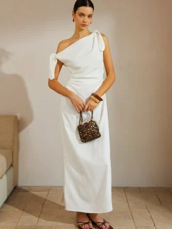 Hot Cotton & Linen Knotted Strap Long Dress White Dresses|Casual Dresses