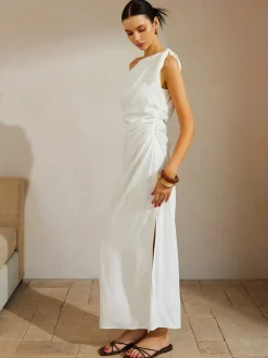 Hot Cotton & Linen Knotted Strap Long Dress White Dresses|Casual Dresses