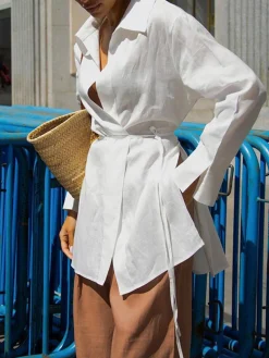Sale Cotton & Linen Long Sleeve Tied Blouse Blouses & Shirts|Tops