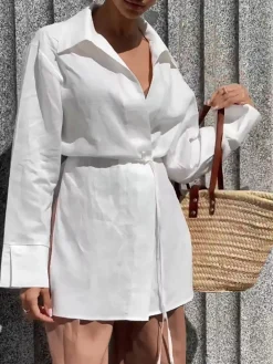 Sale Cotton & Linen Long Sleeve Tied Blouse Blouses & Shirts|Tops