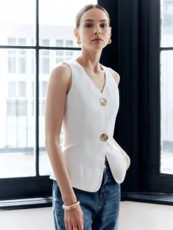 Online Cotton & Linen Metal Button Solid Vest Outerwear|Vests