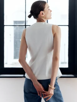 Online Cotton & Linen Metal Button Solid Vest Outerwear|Vests