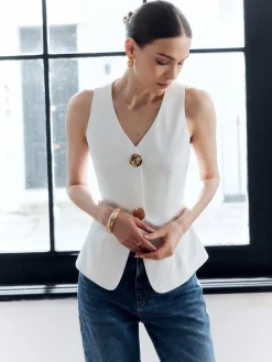 Online Cotton & Linen Metal Button Solid Vest Outerwear|Vests