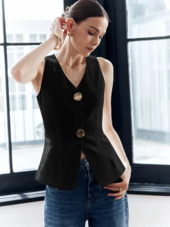 Online Cotton & Linen Metal Button Solid Vest Outerwear|Vests