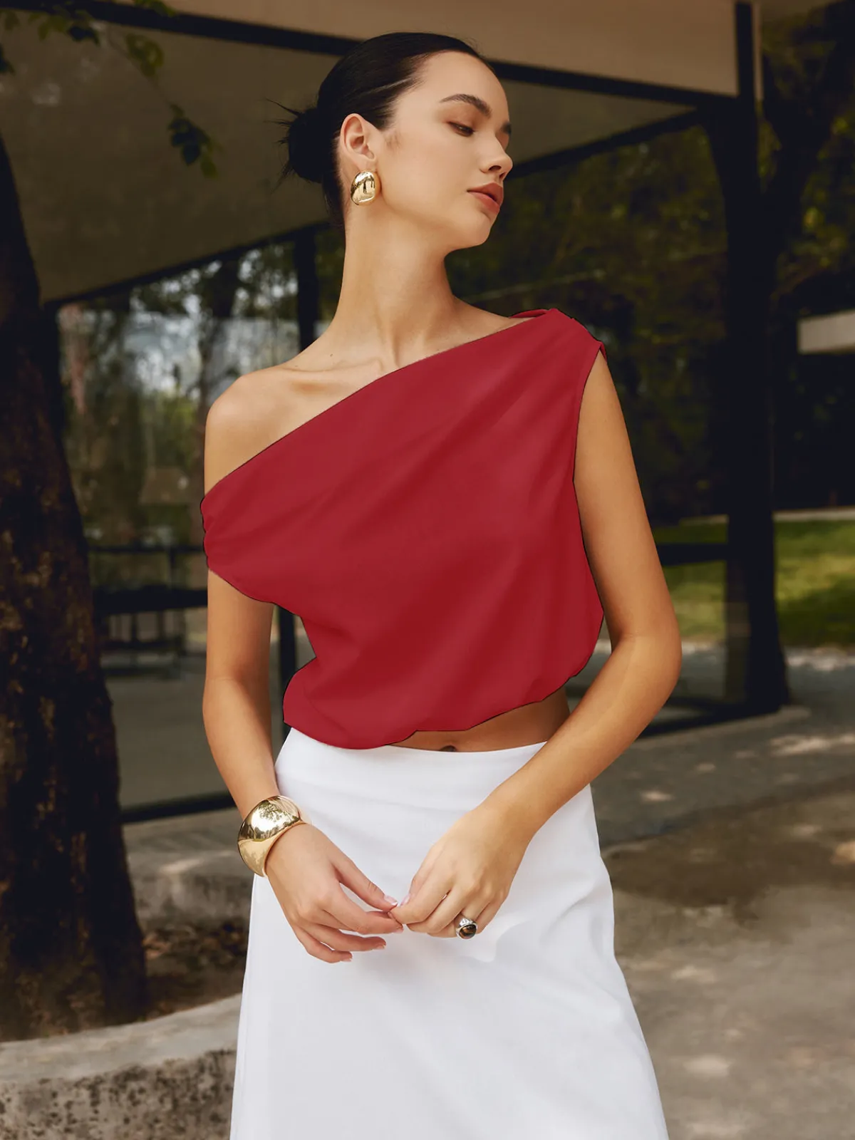 Online Cotton & Linen One Shoulder Off Blouse Blouses & Shirts|Matching Sets