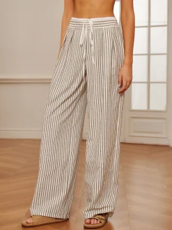Hot Cotton & Linen Pinstripe Drawstring Pants Pants|Bottoms