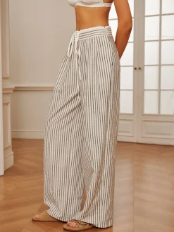 Hot Cotton & Linen Pinstripe Drawstring Pants Pants|Bottoms