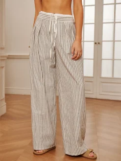 Hot Cotton & Linen Pinstripe Drawstring Pants Pants|Bottoms