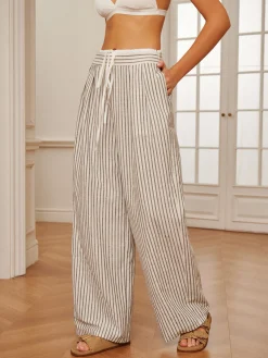Hot Cotton & Linen Pinstripe Drawstring Pants Pants|Bottoms
