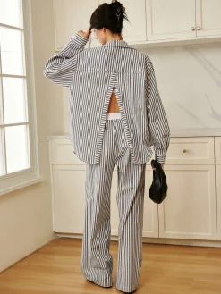 Cotton & Linen Pinstripe Loose Shirt Long Sleeve Sets|Blouses & Shirts