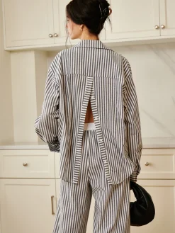 Cotton & Linen Pinstripe Loose Shirt Long Sleeve Sets|Blouses & Shirts