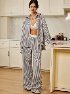 Cotton & Linen Pinstripe Loose Shirt Long Sleeve Sets|Blouses & Shirts