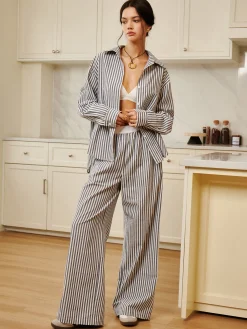 Cotton & Linen Pinstripe Loose Shirt Long Sleeve Sets|Blouses & Shirts