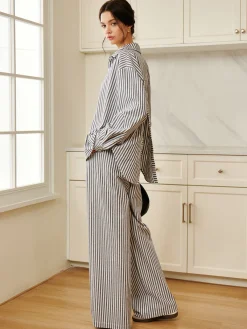 Cotton & Linen Pinstripe Loose Shirt Long Sleeve Sets|Blouses & Shirts