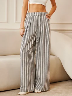 Best Cotton & Linen Pinstripe Drawstring Pants Long Sleeve Sets|Pants