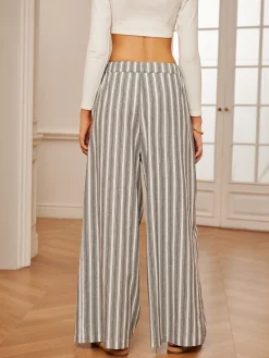 Best Cotton & Linen Pinstripe Drawstring Pants Long Sleeve Sets|Pants