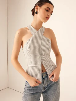 Cotton & Linen Pinstripe Slim Halter Top Tank Tops & Camis|Tops