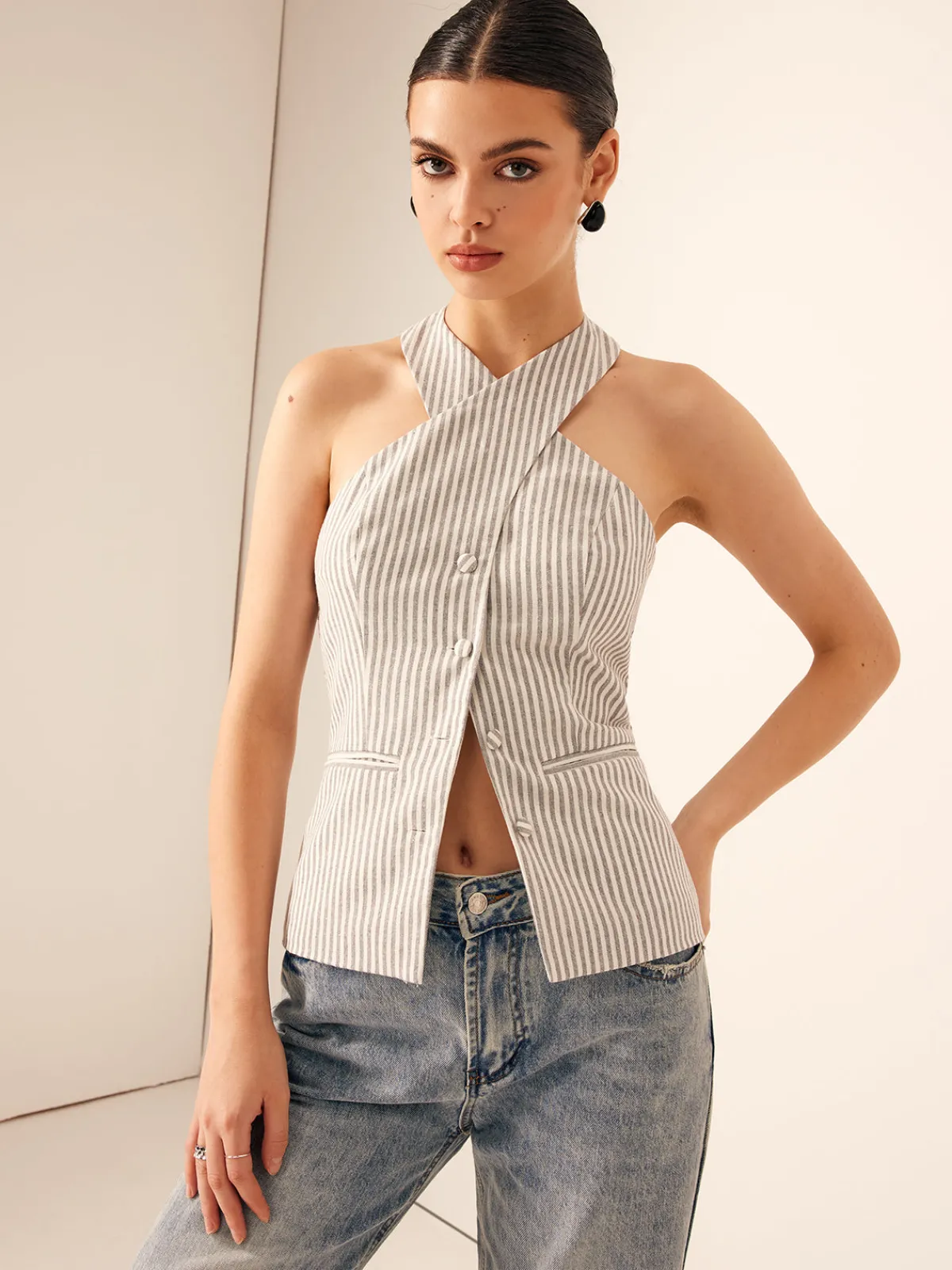 Cotton & Linen Pinstripe Slim Halter Top Tank Tops & Camis|Tops