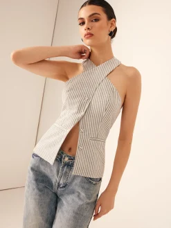 Cotton & Linen Pinstripe Slim Halter Top Tank Tops & Camis|Tops