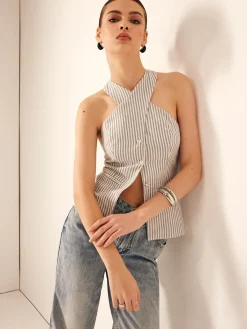 Cotton & Linen Pinstripe Slim Halter Top Tank Tops & Camis|Tops