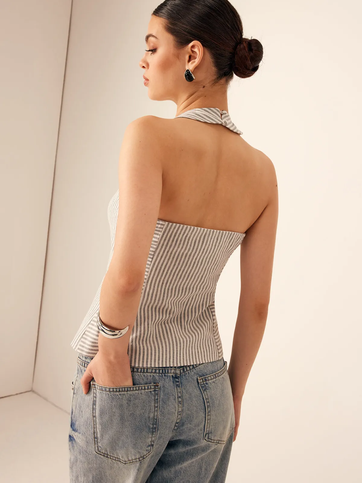 Cotton & Linen Pinstripe Slim Halter Top Tank Tops & Camis|Tops