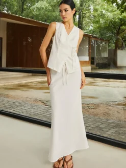 Cotton & Linen Plain Sleeveless Skirt Set Skirt Sets|Long Sleeve Sets