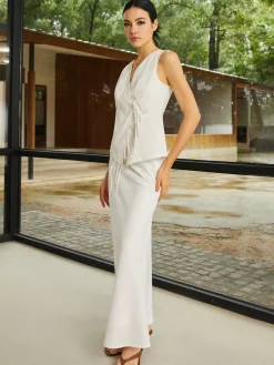 Cotton & Linen Plain Sleeveless Skirt Set Skirt Sets|Long Sleeve Sets