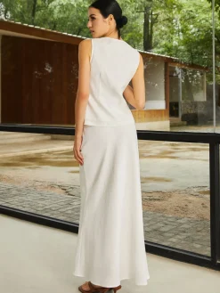 Cotton & Linen Plain Sleeveless Skirt Set Skirt Sets|Long Sleeve Sets