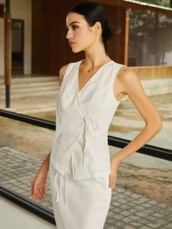 Cotton & Linen Plain Sleeveless Skirt Set Skirt Sets|Long Sleeve Sets