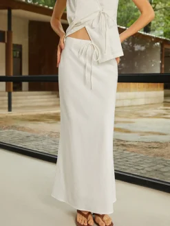 Cotton & Linen Plain Sleeveless Skirt Set Skirt Sets|Long Sleeve Sets