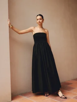 Outlet Cotton & Linen Pleat Strapless Long Dress Black Dresses|Casual Dresses