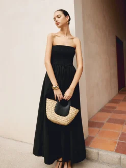 Outlet Cotton & Linen Pleat Strapless Long Dress Black Dresses|Casual Dresses