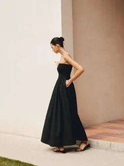 Outlet Cotton & Linen Pleat Strapless Long Dress Black Dresses|Casual Dresses