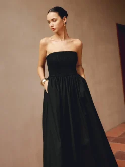 Outlet Cotton & Linen Pleat Strapless Long Dress Black Dresses|Casual Dresses