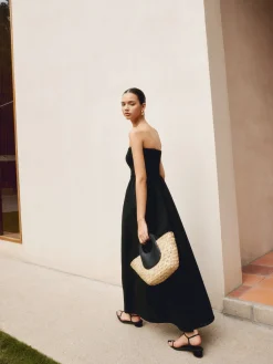 Outlet Cotton & Linen Pleat Strapless Long Dress Black Dresses|Casual Dresses