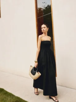Outlet Cotton & Linen Pleat Strapless Long Dress Black Dresses|Casual Dresses