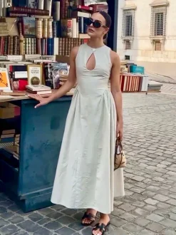 Cotton & Linen Pleated Cutout Long Dress White Dresses|Black Dresses