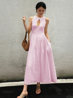 Cotton & Linen Pleated Cutout Long Dress White Dresses|Black Dresses