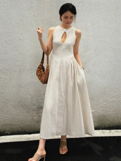 Cotton & Linen Pleated Cutout Long Dress White Dresses|Black Dresses