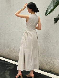 Cotton & Linen Pleated Cutout Long Dress White Dresses|Black Dresses