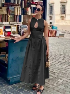 Cotton & Linen Pleated Cutout Long Dress White Dresses|Black Dresses