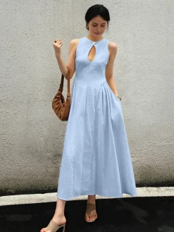 Cotton & Linen Pleated Cutout Long Dress White Dresses|Black Dresses