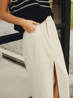 Clearance Cotton & Linen Pockets Split Maxi Skirt Skirts|Matching Sets
