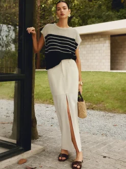 Clearance Cotton & Linen Pockets Split Maxi Skirt Skirts|Matching Sets