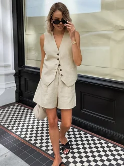Cotton & Linen Pockets Shorts Set Shorts Sets|Shorts